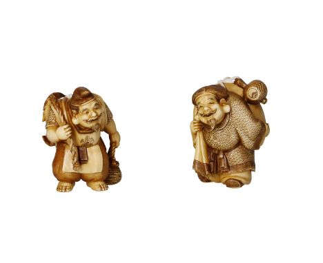 Lot of two netsuke, 1) ivory, Daikoku with a fish over his shoulder and a basket in his hand. Signed. H. 4.5 cm. 2) ivory, la