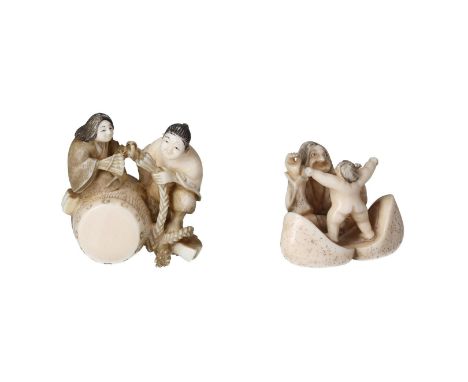 Lot of two netsuke, 1) Ivory, boy and girl with fan on a drum. Signed Hôkoku. H. 4.5 cm. 2) Ivory, old woman and naked boy, M