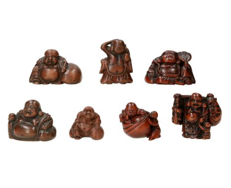Lot of seven netsuke, 1) wood, sitting Hotei with fan. H. 3 cm. 2) wood, sitting Hotei with fly swatter and bag. Signed Hogyo