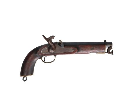 A military percussion pistol, naval or coast guard. Sidelock marked with Birmingham, crown, and Broad Arrow. Brass furniture.