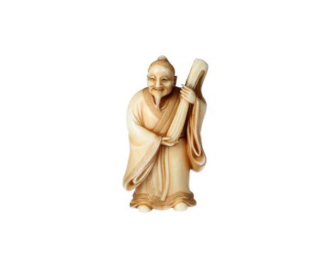 An ivory netsuke depicting an old man standing with a goatee holding a plant in his hands. Signed Ryoko. Japan, Meiji.Provena