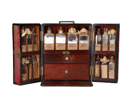 A mahogany doctor's travel pharmacy, with 20 original neck-cut bottles with cut stoppers (in different sizes, including 7 bot