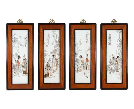 Ren Yiping (1935-)A set of four polychrome porcelain plaques in a wooden frame. Depicting the 'Romance of the Western Chamber