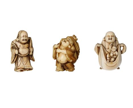 Lot of three netsuke, 1) ivory, Hotei carrying a bag over his shoulder. Signed Shô. H. 4.5 cm. 2) ivory, Hotei with bag of ri