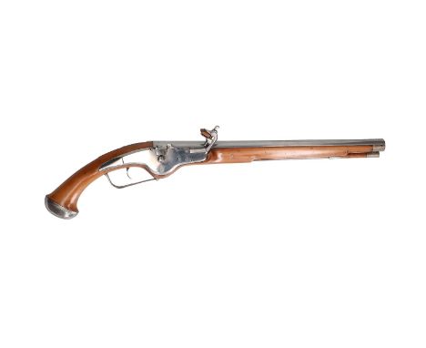 A wheellock pistol. Internal wheel, lock with beveled edges, round barrel with aiming rib, trigger with internal spring. Stoc