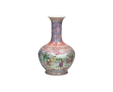 A polychrome porcelain vase, decorated with little boys playing in the garden with floral decorative borders. Marked with sea