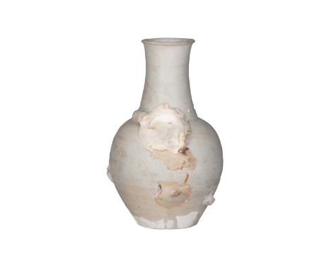 A light greyish blue glazed porcelain bottle vase. Some sea shells attached to the body. Unmarked. China, Song, 12th/13th cen