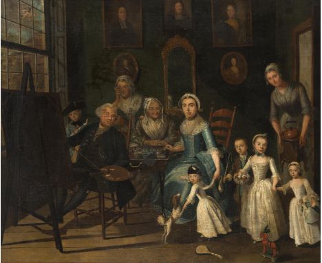 Circle of Tibout Regters (18th century), 'Family portrait of a painter and his family drinking tea in an interior', panel.H. 