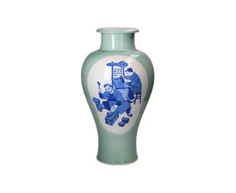 A green glazed vase with blue and white cartouches depicting a key maker. Marked with characters, Jingdezhen Ceramic Institut