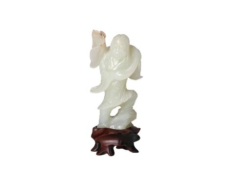 A jade sculpture of a priest with lotus flower, on wooden stand. China, 20th century.H. excl. base 7.5 cm.Condition Report: h