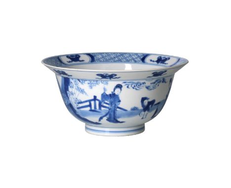 A blue and white porcelain 'klapmuts' bowl, decorated with Long Eliza's and little boys in a garden and censers. Marked with 