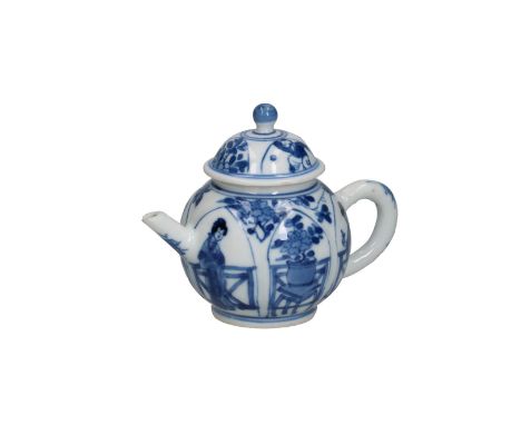 A blue and white porcelain teapot decorated with Long Eliza's with bird and little boys on the lid. Marked with an artemisia 