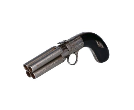A percussion pepperbox, four barreled. Double action lock with ring trigger. Frame engraved with typical Belgian scroll engra