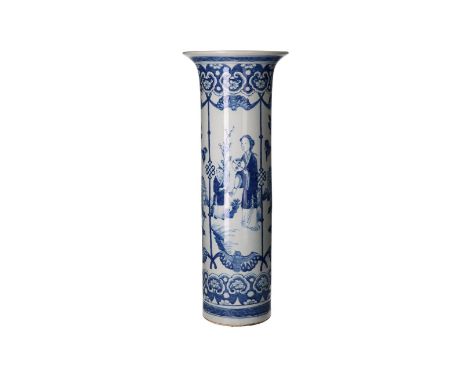 A blue and white porcelain beaker vase in Kangxi style, decorated with ladies and little boys in a garden, peonies and fungi.