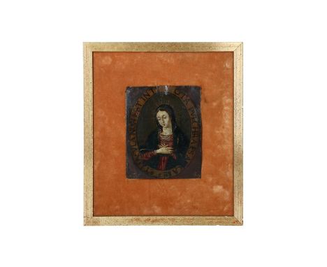 A portrait miniature, 'Mary Immaculata', unsigned, copper. H. 16 cm. W. 13 cm. Surrounded by the text 'Tota pulchra es amica 