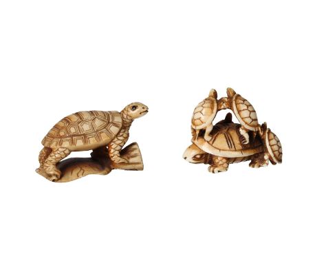 Lot of two netsuke, 1) ivory, turtle with four small turtles on its back. Signed Goro. H. 3.5 cm. 2) ivory, turtle on lotus l