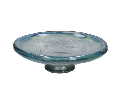 A greenish thick-walled glass bowl with light blue decoration of fish and seaweed on foot. Designed by Andries Dirk Copier fo