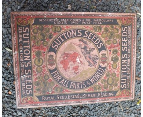 SUTTON SEEDS READING - a decorated seed tin containing a cast iron sign "Ground Under Repair", cast label pair "Josephine de 