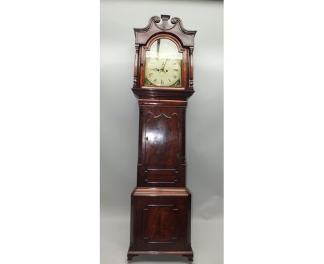 A 19TH CENTURY MAHOGANY, PROBABLY SCOTTISH, LONGCASE CLOCK, having arch topped painted dial depicting a huntsman and his dogs