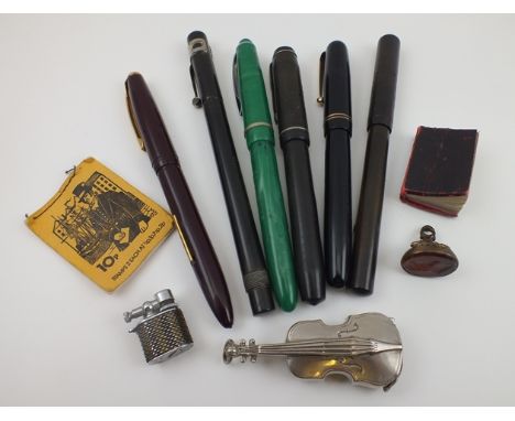 A SILVER PLATED NOVELTY VESTA CASE in the form of a violin, a SEAL, MINIATURE LIGHTER, various FOUNTAIN PENS etc. 