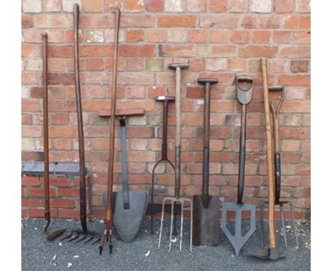 A SELECTION OF VINTAGE GARDEN HAND TOOLS, mainly wooden shafted including; weeder, tiller, 2 forks, curved spade, turf cutter