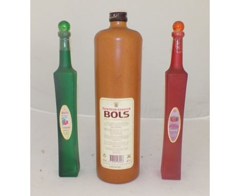 BOLS ZEER OUDE GENEVER 1 ceramic 1 litre flask ORIGINAL SCHNAPPS Cherry and Strawberry Liqueur, 2 x 10cl bottles 