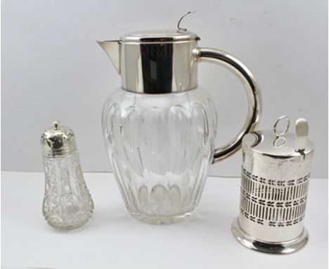 A SLICE CUT LEMONADE JUG, with silver plated cover and handle, together with a SUGAR CASTER having plated cover, and a SILVER