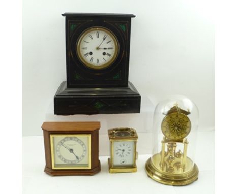 A VICTORIAN BLACK SLATE MANTEL CLOCK, inset malachite panels, circular enamel dial with Roman numerals, 8-day striking moveme