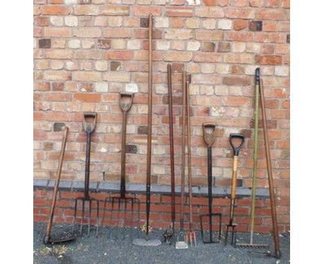 A SELECTION OF VINTAGE GARDEN TOOLS many wooden shafted, including; weeders, various forks etc. 