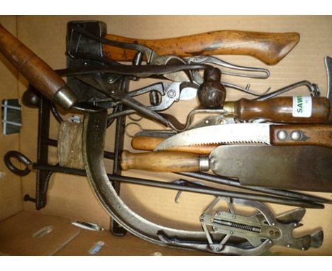A COLLECTION OF VINTAGE GARDEN HAND TOOLS including; scythe, bill hook, axe, 5 pairs of various secateurs, garden knife, weed