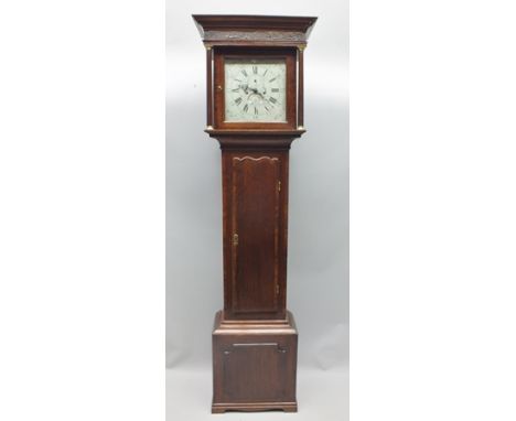 A 19TH CENTURY OAK LONGCASE CLOCK, having silvered dial bearing the name "Henry Deykin of Worcester", clock number 1396, plai