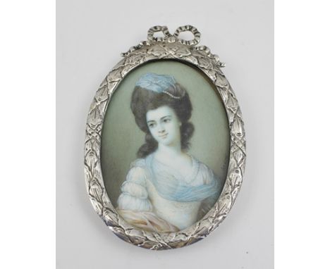 ANDRE A GEORGE III PERIOD OVAL PORTRAIT MINIATURE of "Mrs. Beaufoy", in the manner of Gainsborough, wearing a blue and white 