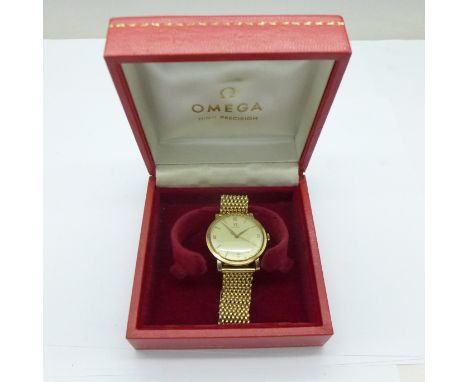 A 9ct gold cased manual Omega wristwatch, on a 9ct gold bracelet strap, (not Omega), total weight with movement 50g, with an 