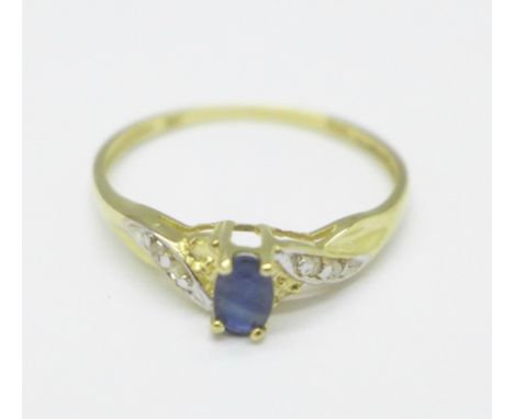 A 9ct gold, sapphire and diamond ring, 1.0g, O/P