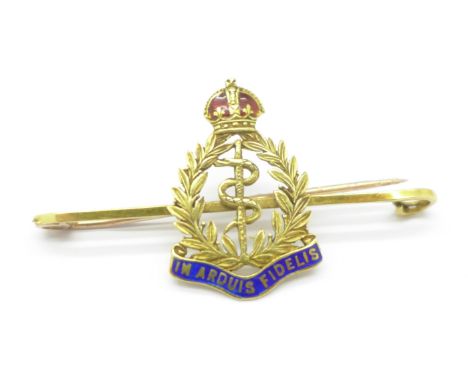 A 15ct gold and enamel Royal Army Medical Corps brooch, 'In Arduis Fidelis', 4.9g