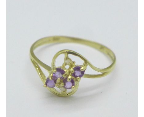 A 9ct gold, amethyst and diamond ring, 1.0g, O