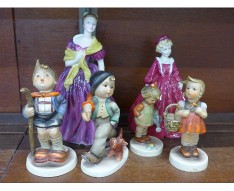 A Royal Worcester figure, a Royal Doulton figure and four West German figures, German figures a/f