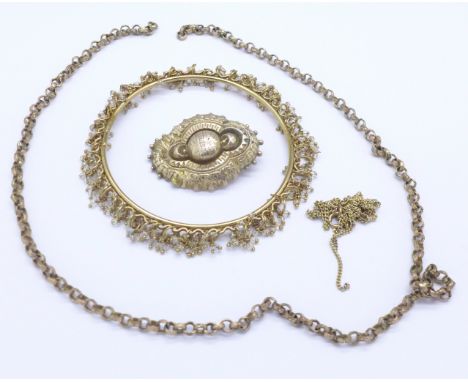 A bangle, a brooch, a/f and two chains