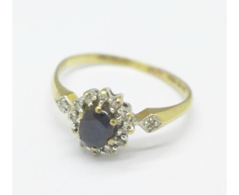 A 9ct gold, diamond and sapphire cluster ring, 1.7g, O