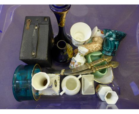 Aynsley, a slag glass vase, a camera, two daggers, a Royal Doulton Langham Hotel dish, a glass dish, etc.