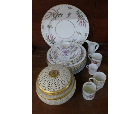 A collection of Royal Worcester porcelain and dinnerwares, including a cream and gold pierced lidded jar, (rim badly damaged)