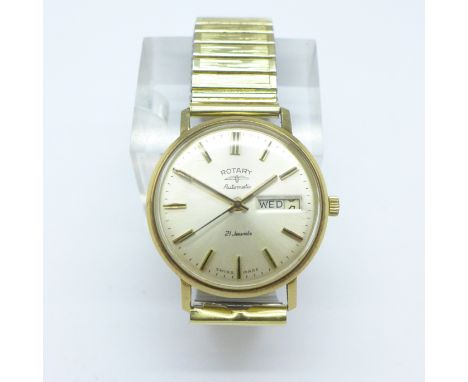 A 9ct gold cased Rotary automatic wristwatch on a Fixo-Flex bracelet strap, with box