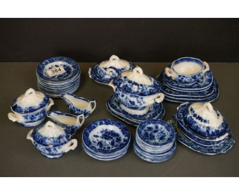 19th century Child's Miniature Blue and White Dinner Set including Five Lidded Tureens, Ladle, 2 Sauce Jugs, Plates, Bowls, e
