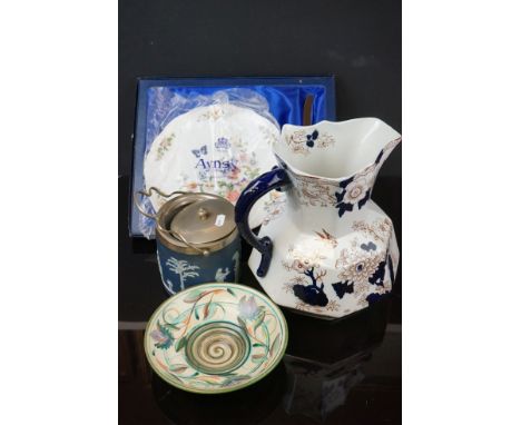 Large 19th century Mason's Jug, Wedgwood Jasperware Biscuit Barrell, Glynn College Denby Leaf Plate and Boxed Aynsley Cake Pl
