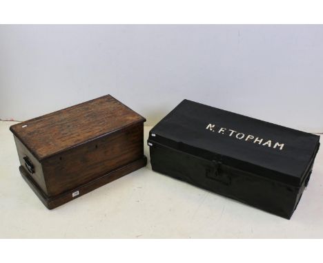 19th century Stained Pine Tool Box, 63cms long x 32cms high together with a Black Metal Trunk