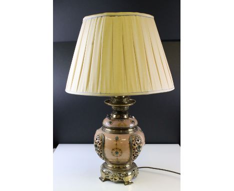 Continental Pottery Cream and Turquoise Glazed Table Lamp with Brass Mounts, 32cms high with shade 