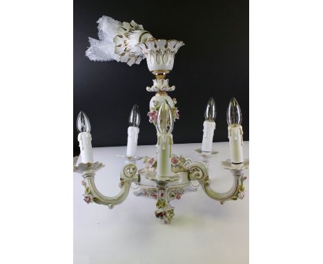 Dresden style Porcelain Five Branch Floral encrusted Ceiling Light / Chandelier, 45cms diameter 