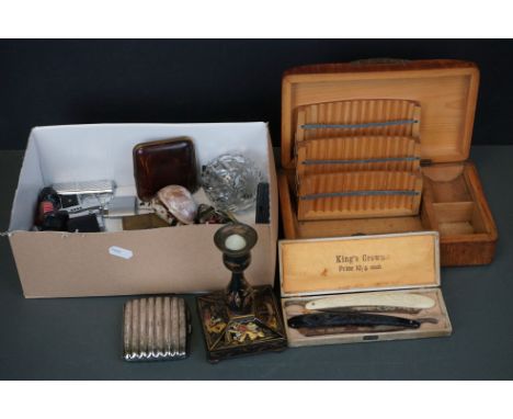 A box of mixed collectables to include cigarette case, lighters, cut throat razors, candlestick..etc. 