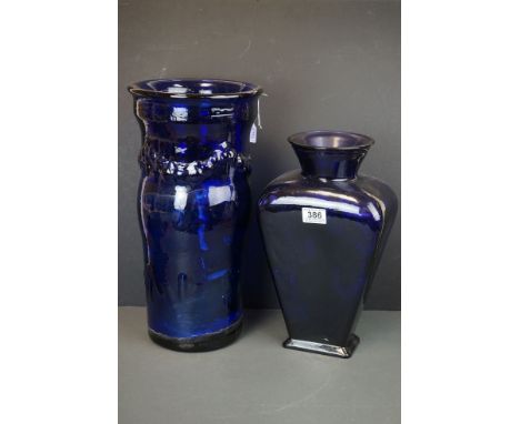 Heavy blue glass stick stand &amp; a large blue glass vase 