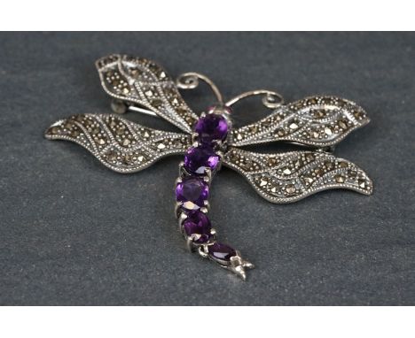 Large silver, marcasite &amp; amethyst dragonfly brooch 